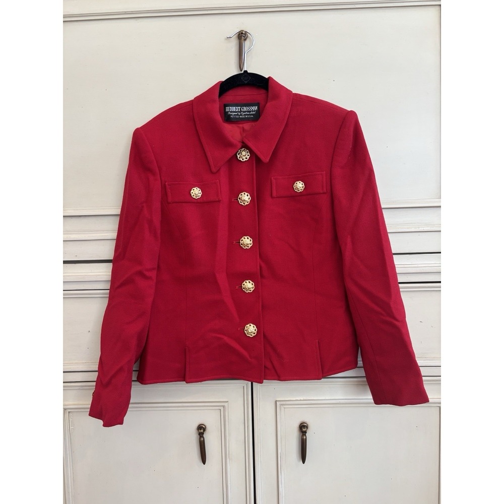 Herbert‎ Grossman Vintage 1989s Red Skirt Suit Ornate Gold Butttons Size 8